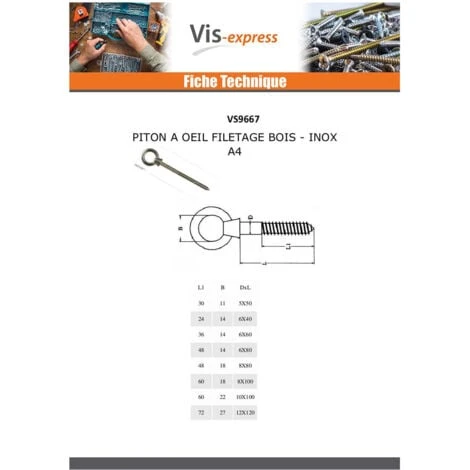 Piton A Oeil FILETAGE Bois Inox A4 12X120 | Conditionnement: Unitaire – Image 2