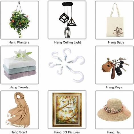 Crochets à Visser Plafond Vis Crochet En Vinyle Blanc Crochet De Muraux Pour Tasses Articles De Ménage Usage D'intérieur Et De Plein Air 70 Pièces 6 Tailles – Image 2